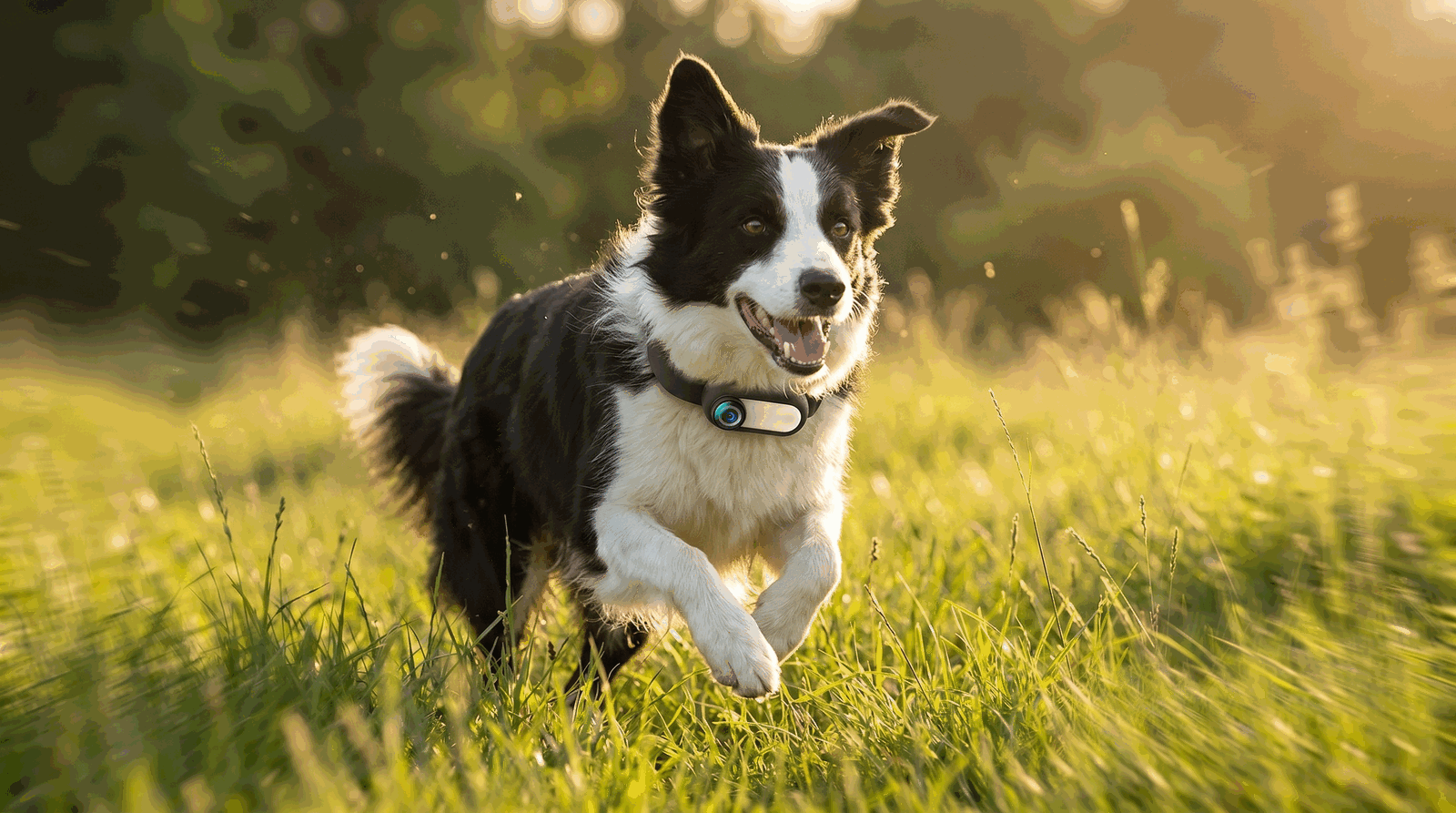 Border collie running through a sunlit meadow