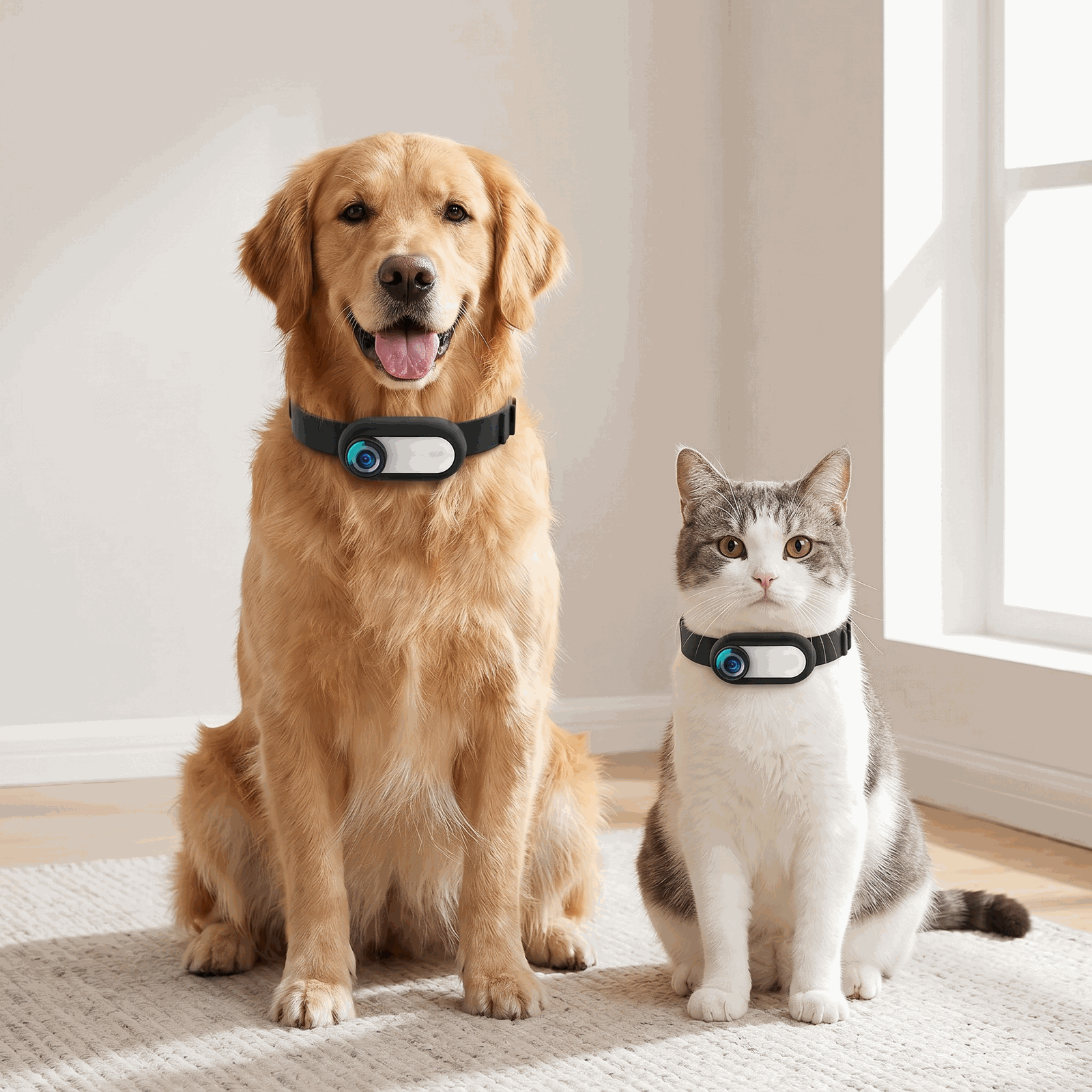 A golden retriever and a tabby cat both wearing Pawlens collars