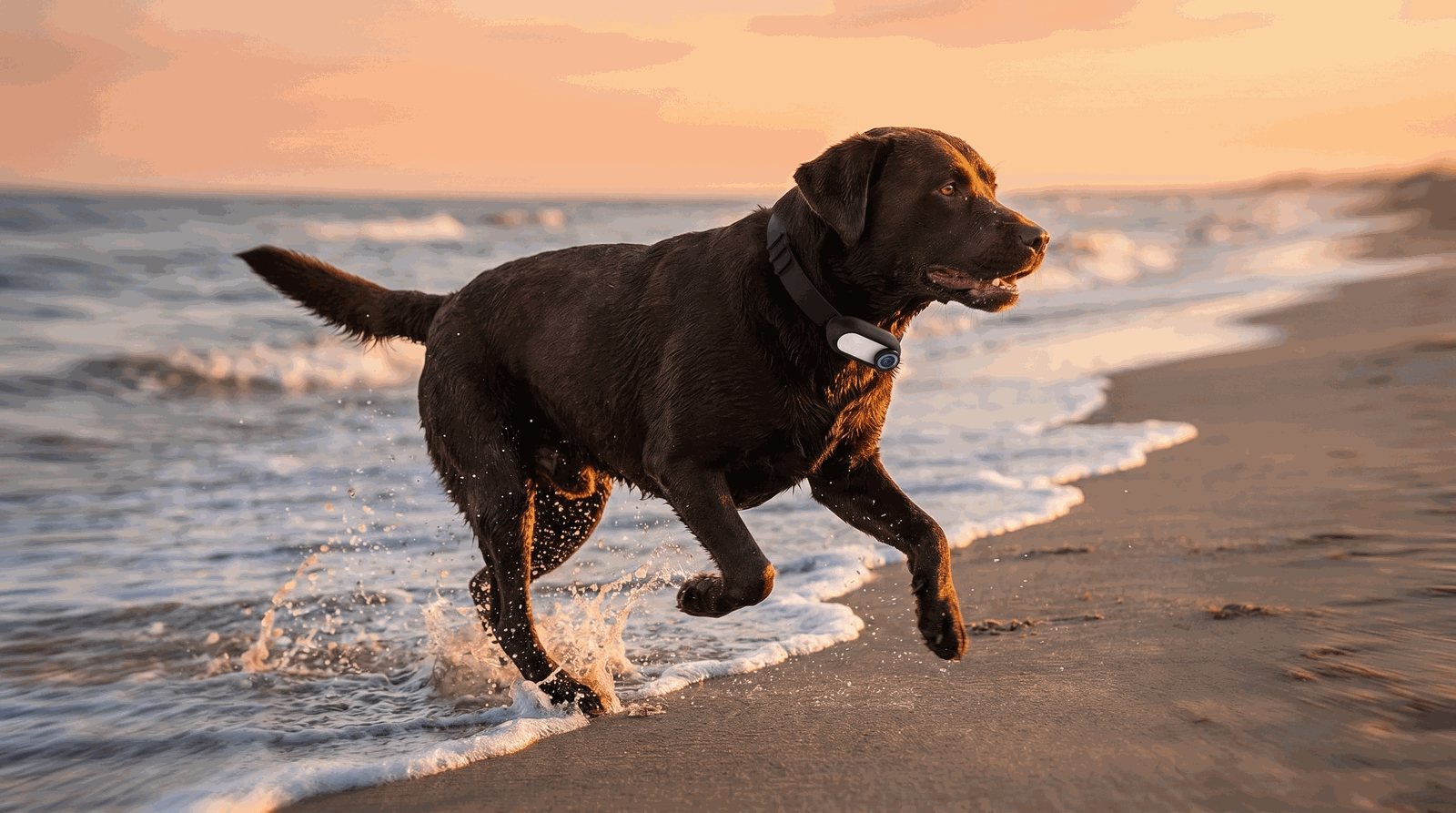 Labrador running on a beach at sunset